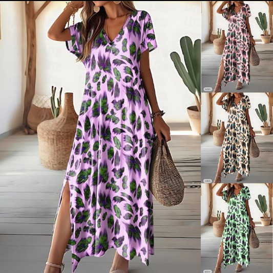 Women's Casual V-Neck Split Short Sleeve Dress with Digital Print
