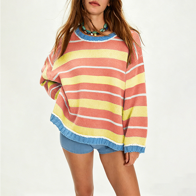 Women's Loose Crewneck Long Sleeve Knit Top Colorblock
