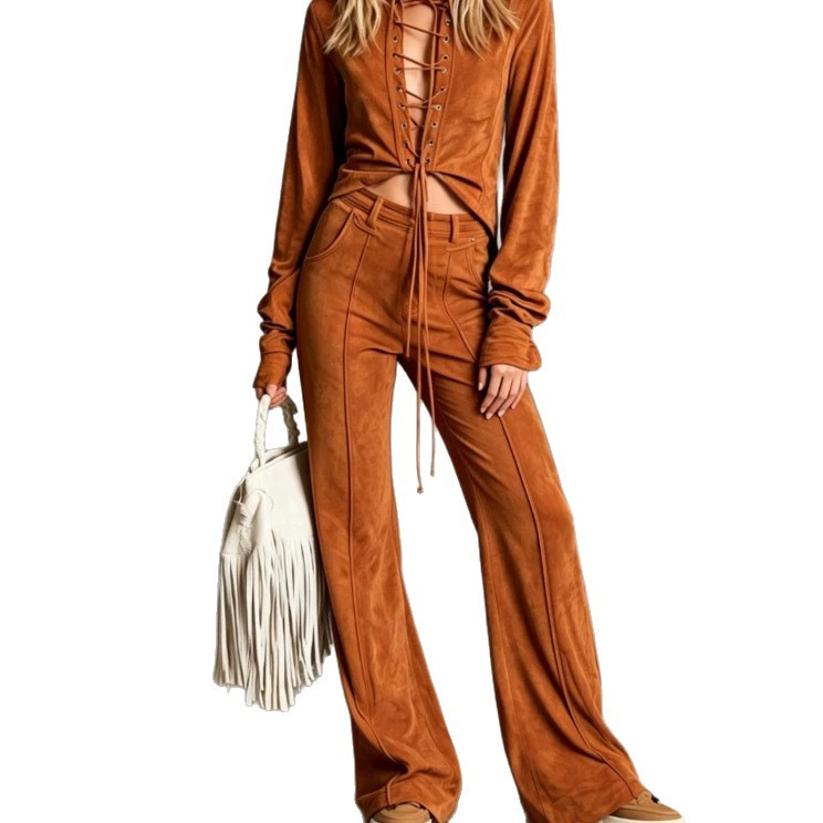 Women's Western Style Suede Cardigan and Pants Set