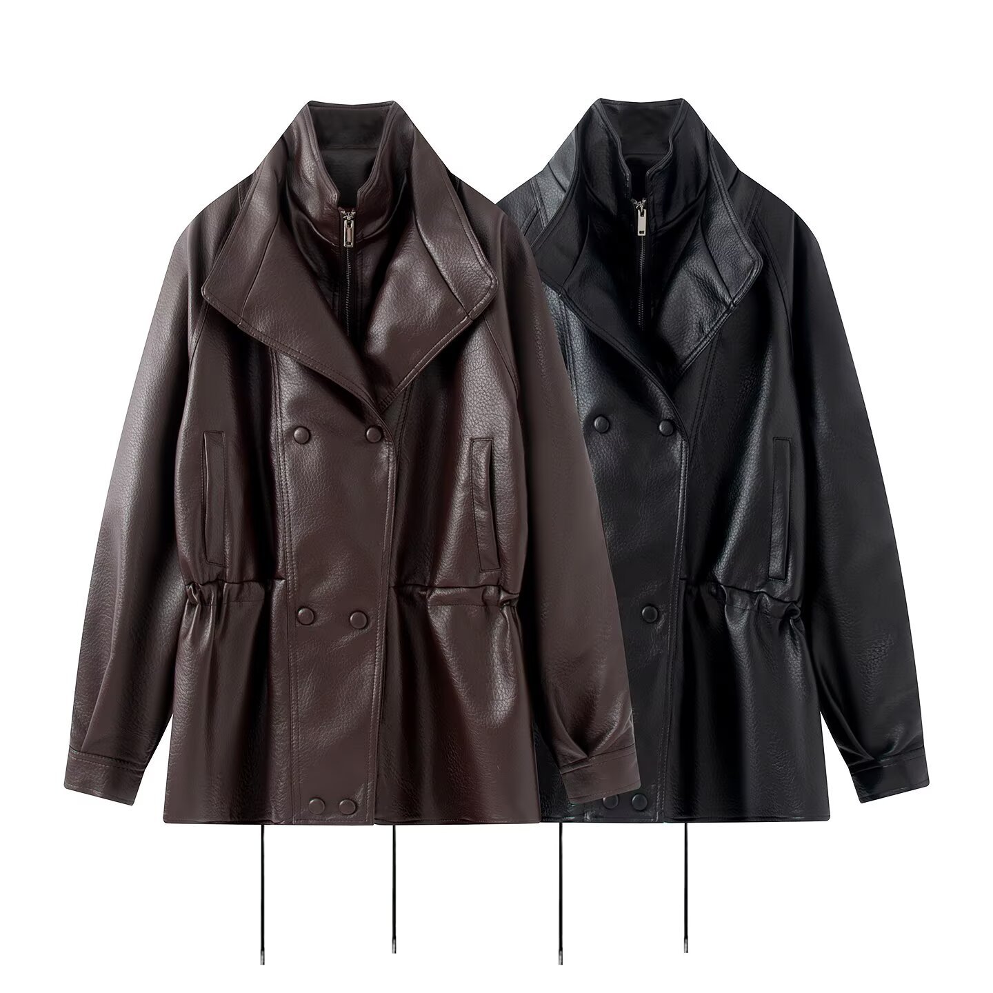 Women's Double-Layer Collar Zip-Up Cinched Waist Jacket
