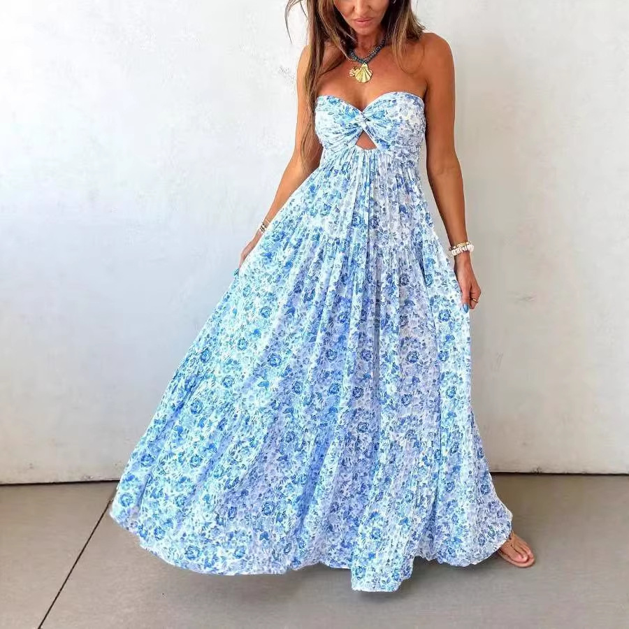 Women's Strapless Sleeveless Open Back Floral Dress