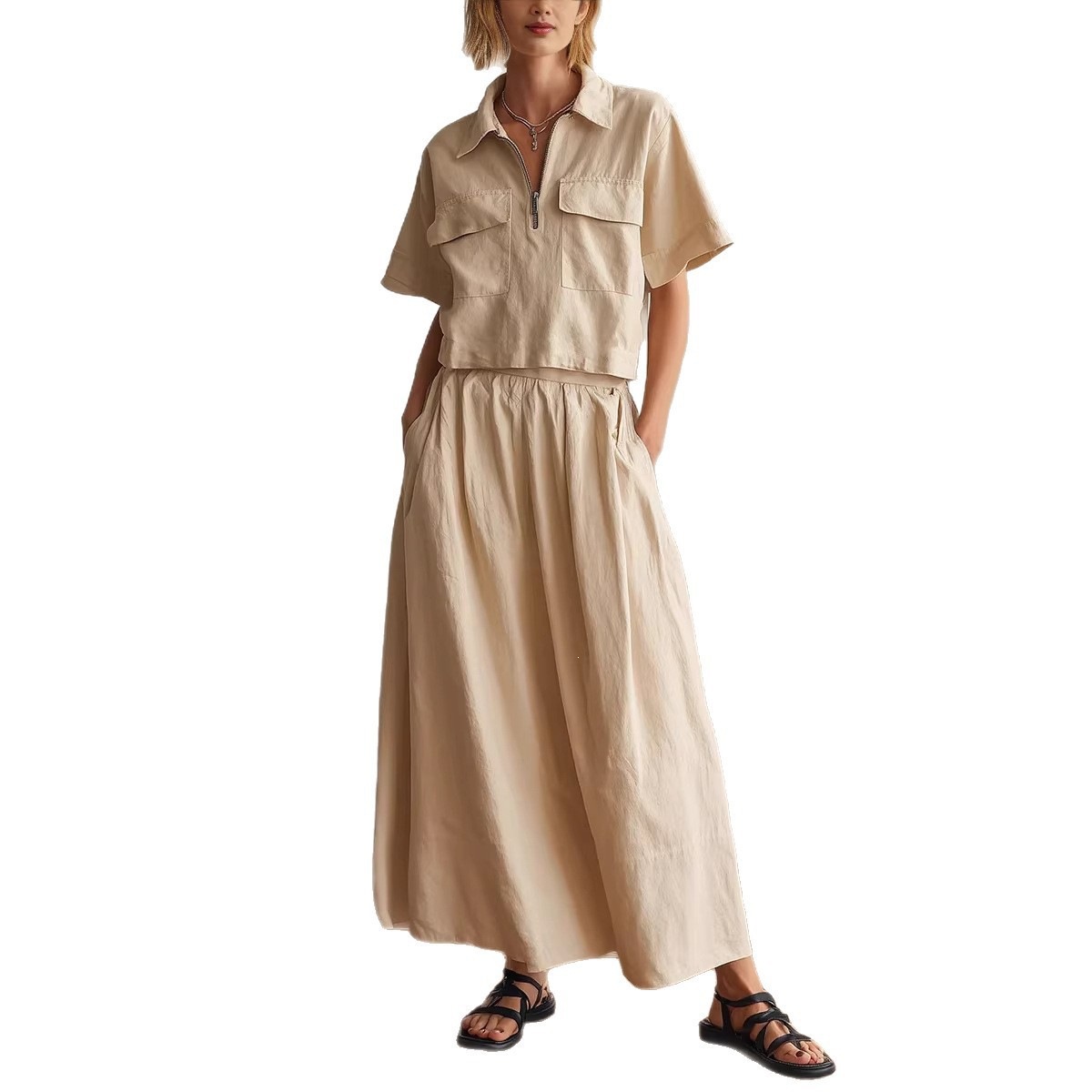 Women's Casual Solid Color Collared Short Sleeve Shirt and Long Skirt Set