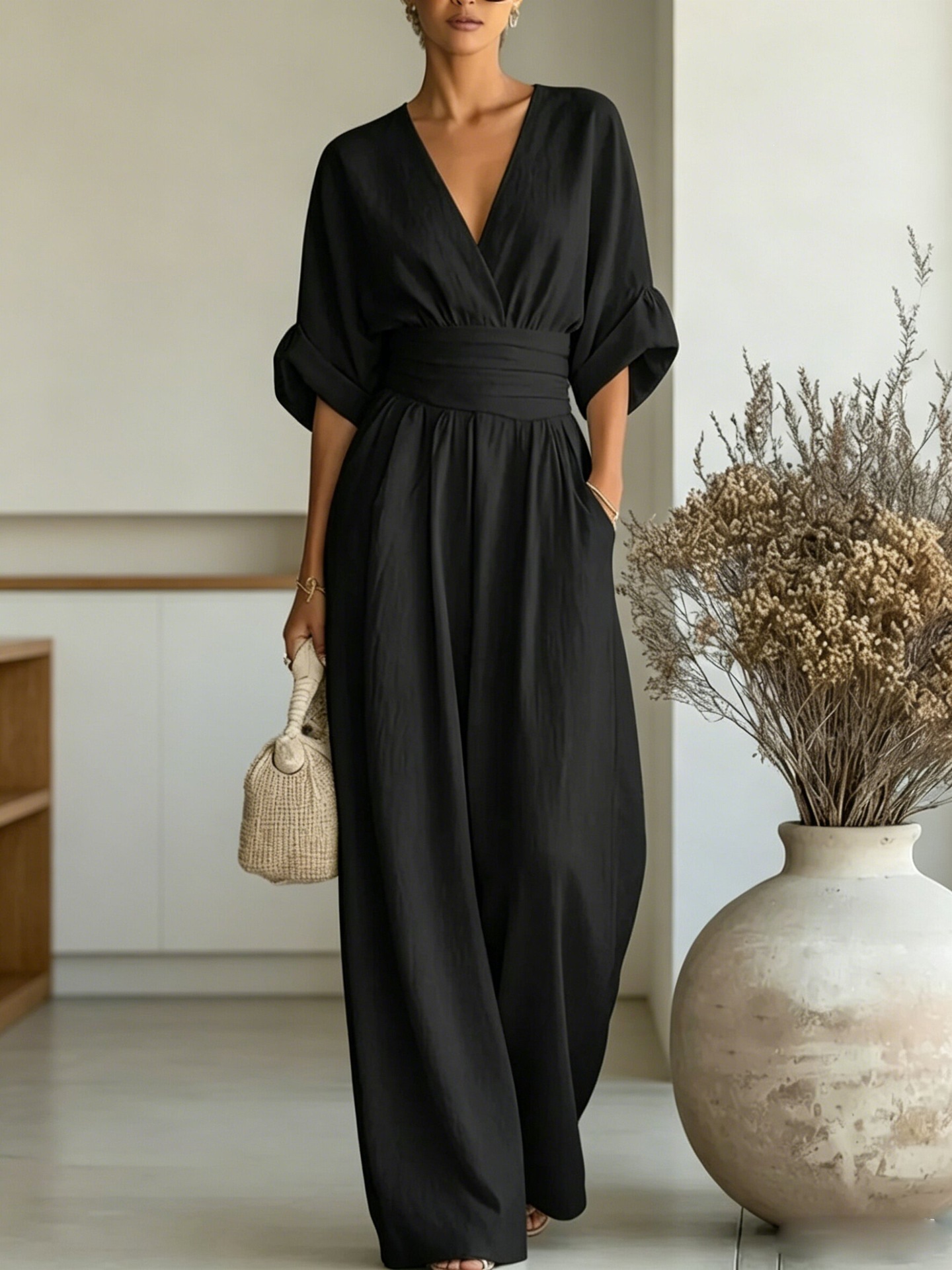 V-Neck Cinched Waist Rolled Sleeve Wide-Leg Jumpsuit