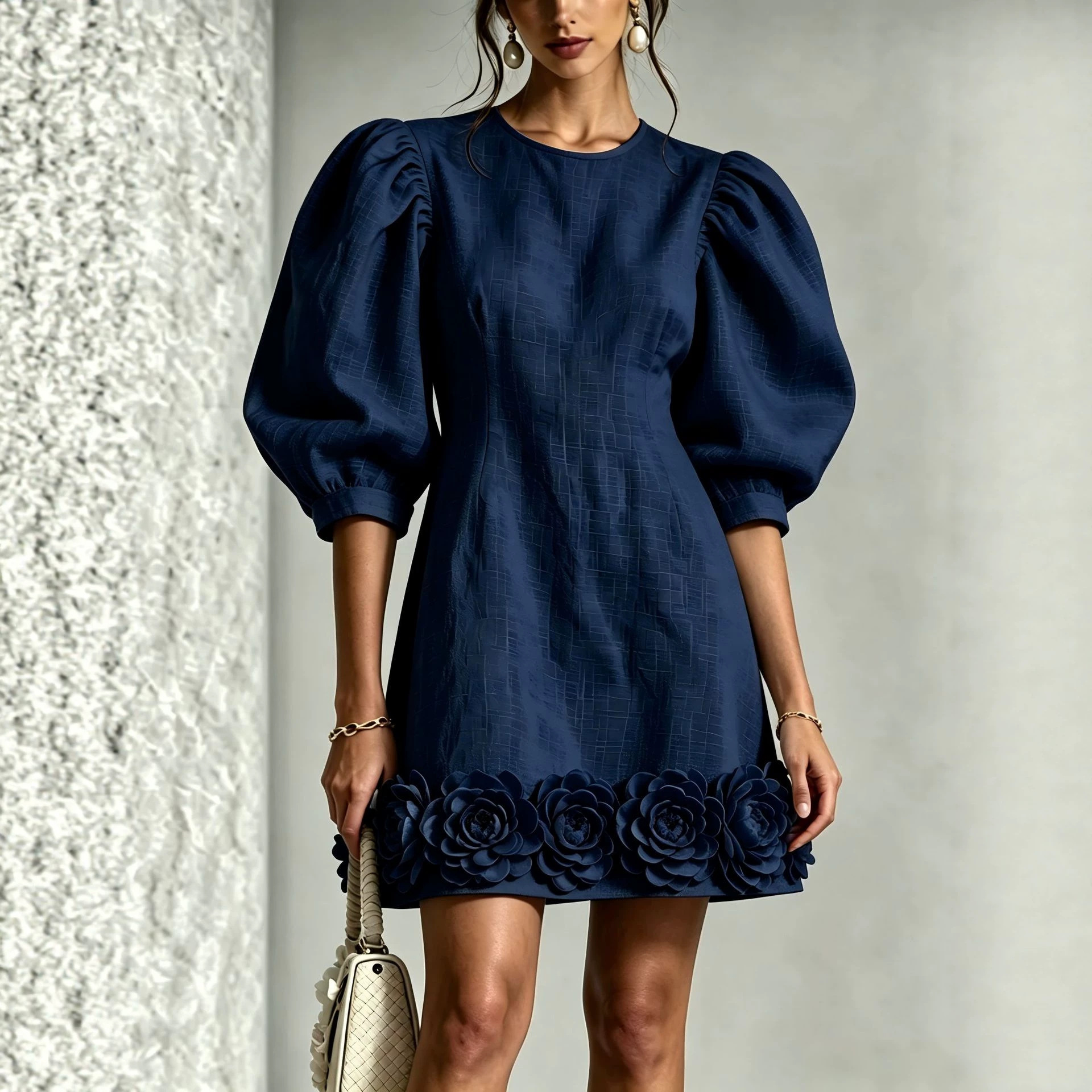 3D Floral French Puff Sleeve Midi Dress