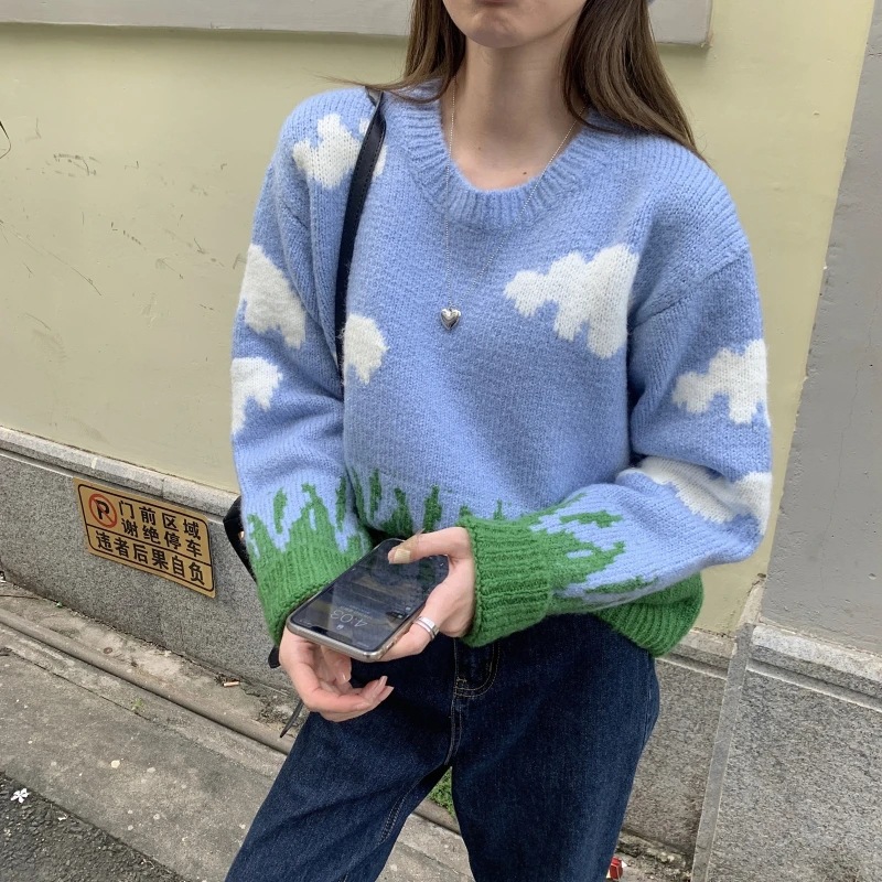 Blue Sky White Clouds Pattern Crewneck Sweater Loose Fit