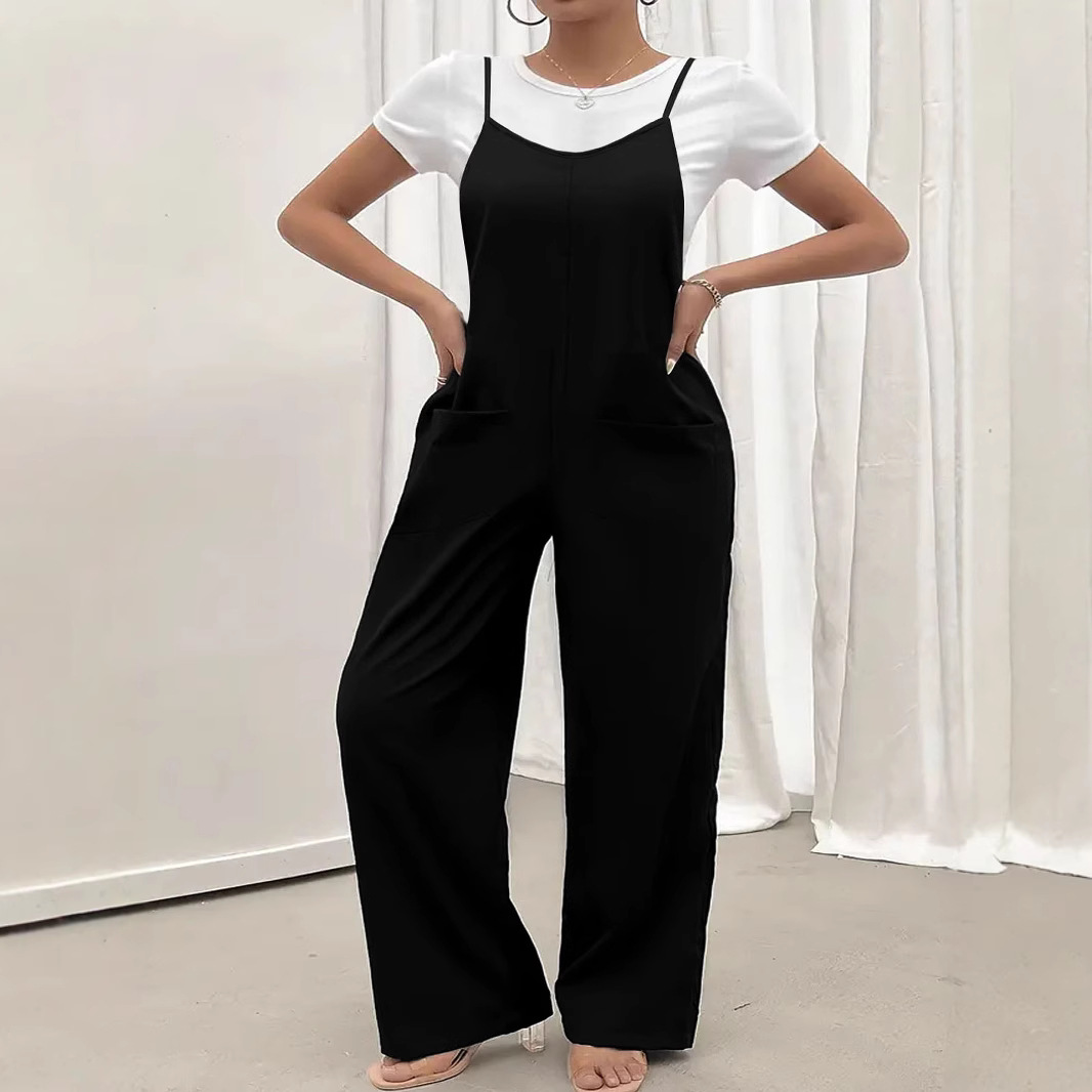 Women's Solid Sleeveless Wide-Leg Jumpsuit with Pockets Casual Commuter
