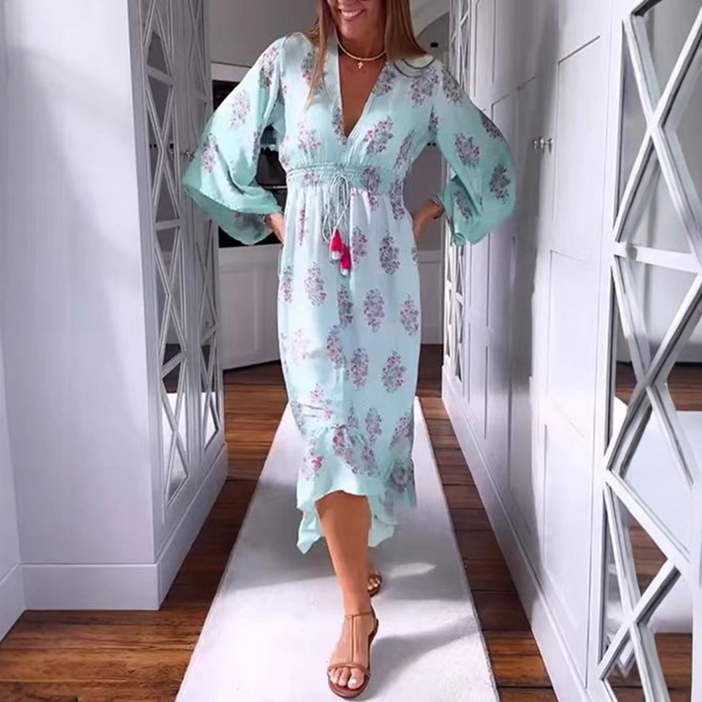 Women's Casual Floral Print V-Neck Long Sleeve Maxi Dress