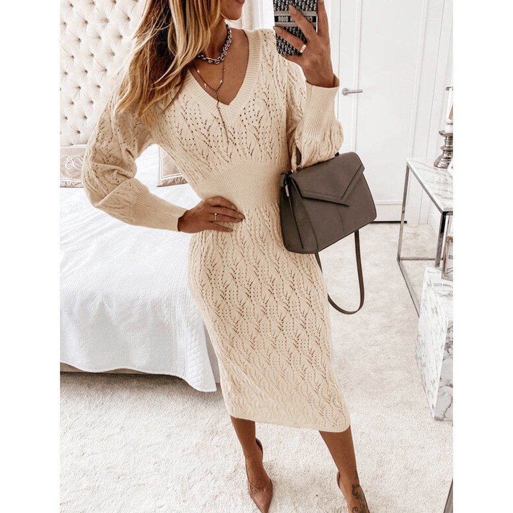 Plus Size Knit Bodycon Sweater Dress V-Neck Long Sleeve