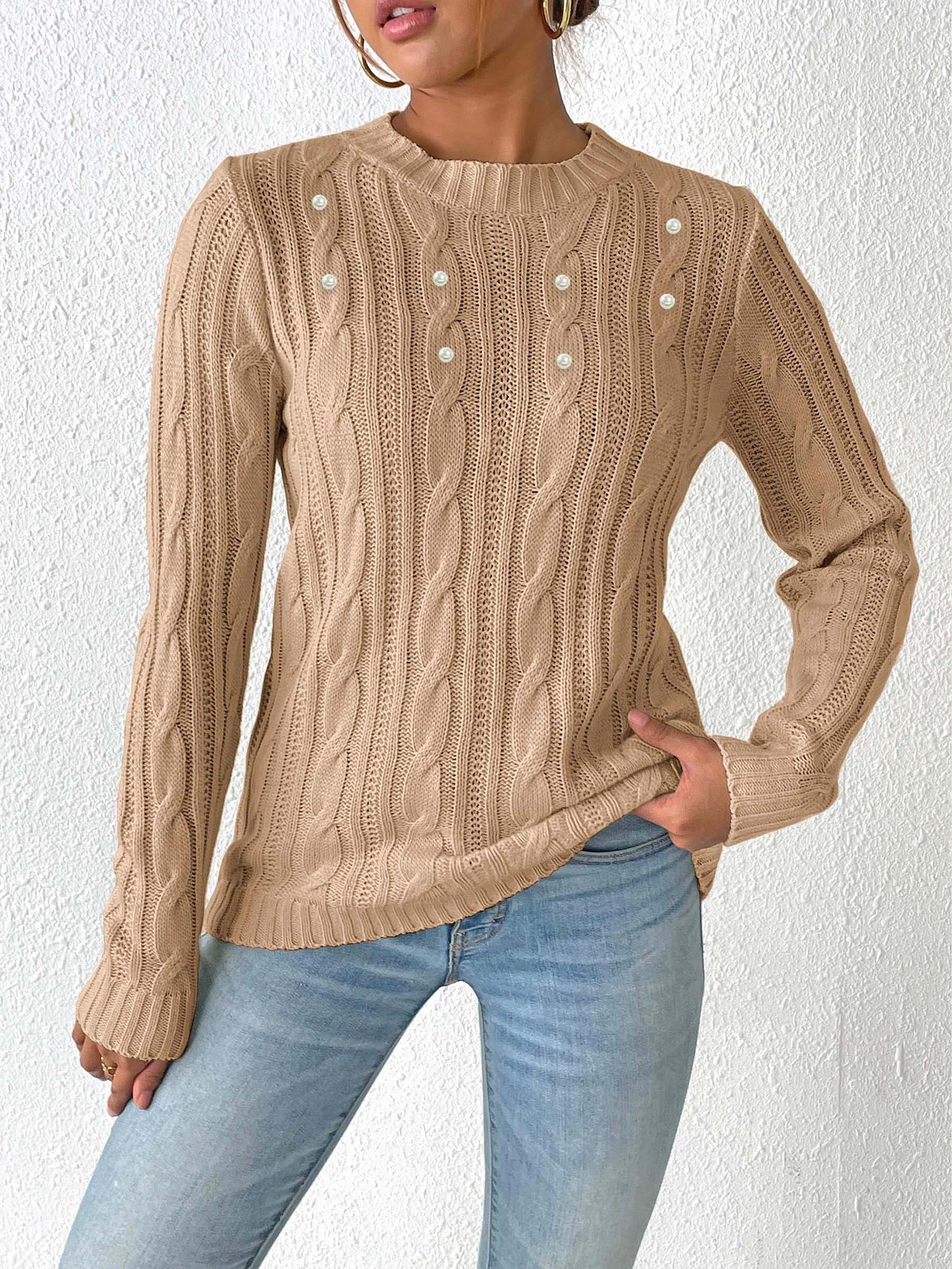 Women's Pearl Beaded Crewneck Knit Pullover Sweater