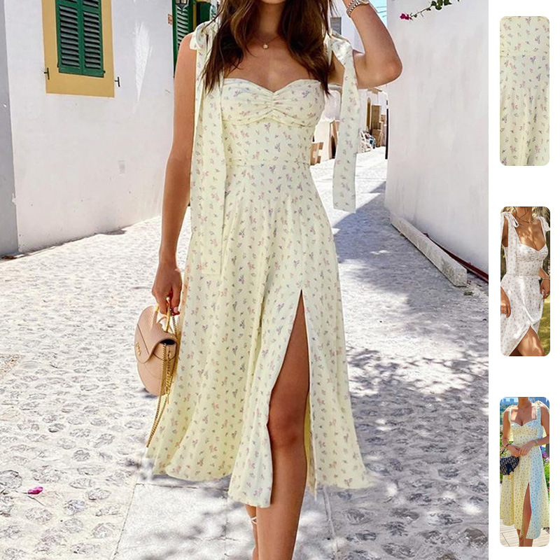 Women's Floral Open-Back Tie Strap Slit Cami Dress