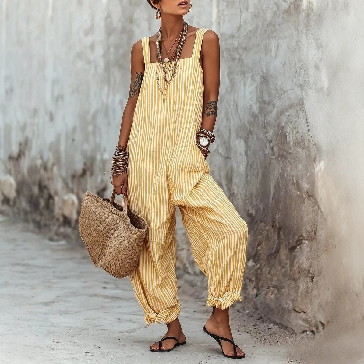 Women's Sleeveless Striped Print Loose Casual Jumpsuit