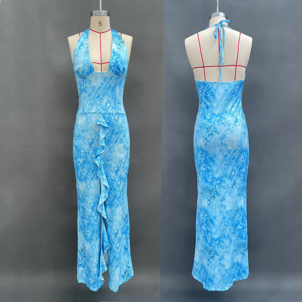 Women's Sexy Slim Fit Halter Open Back Slit Dress