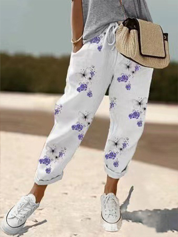 Women's Cotton-Linen Elastic Waist Casual Pants with Pockets