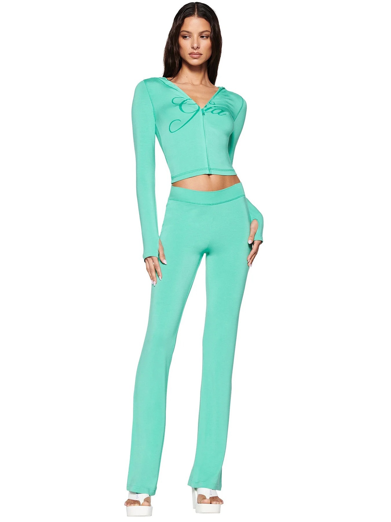 Women's Printed Hooded Long-Sleeve Thumbhole Two-Piece Set with Flared Pants