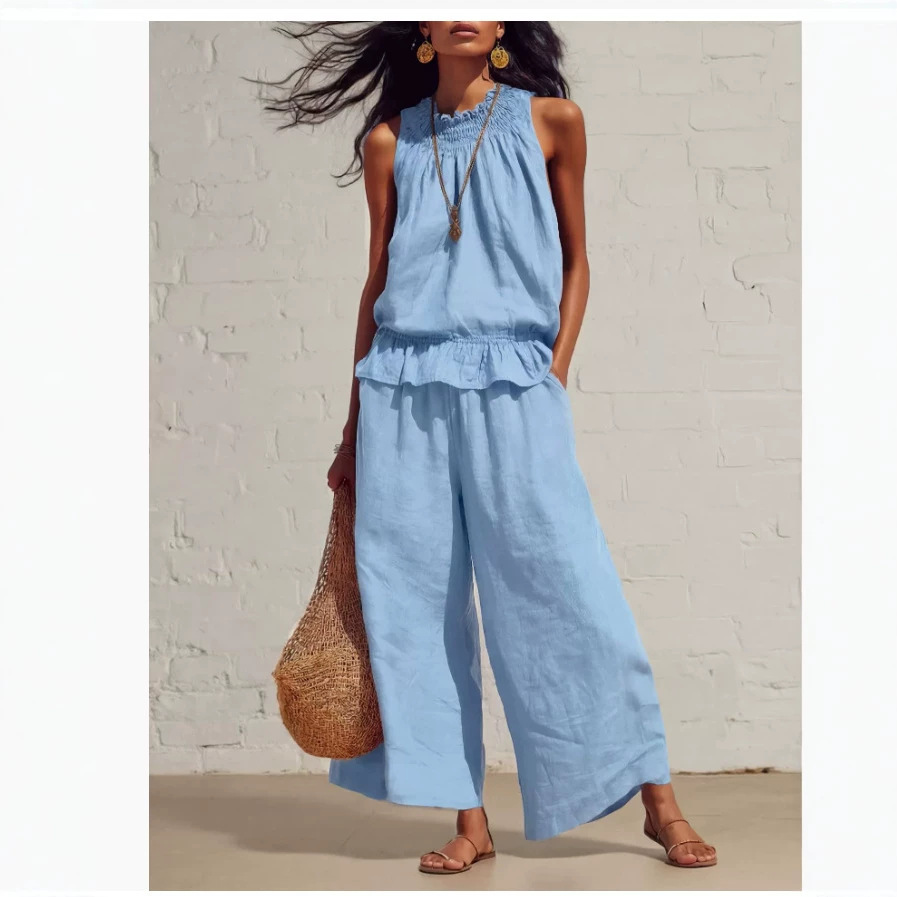 Women's Sleeveless Ruffle Top & Wide-Leg Pants Set