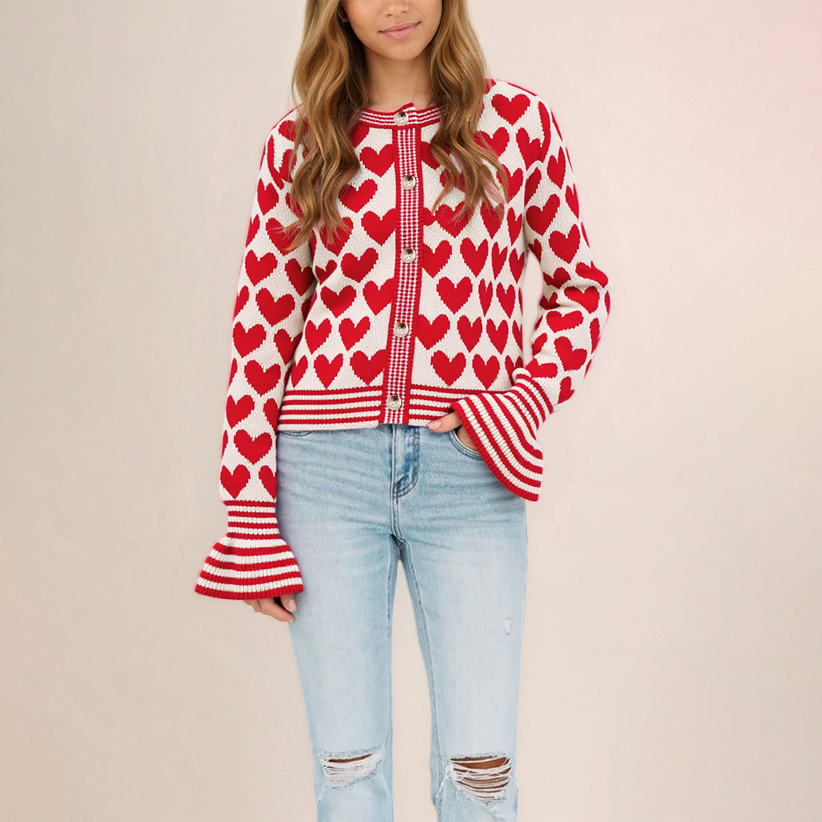 Heart Pattern Knit Cardigan Sweater Crew Neck Colorblock