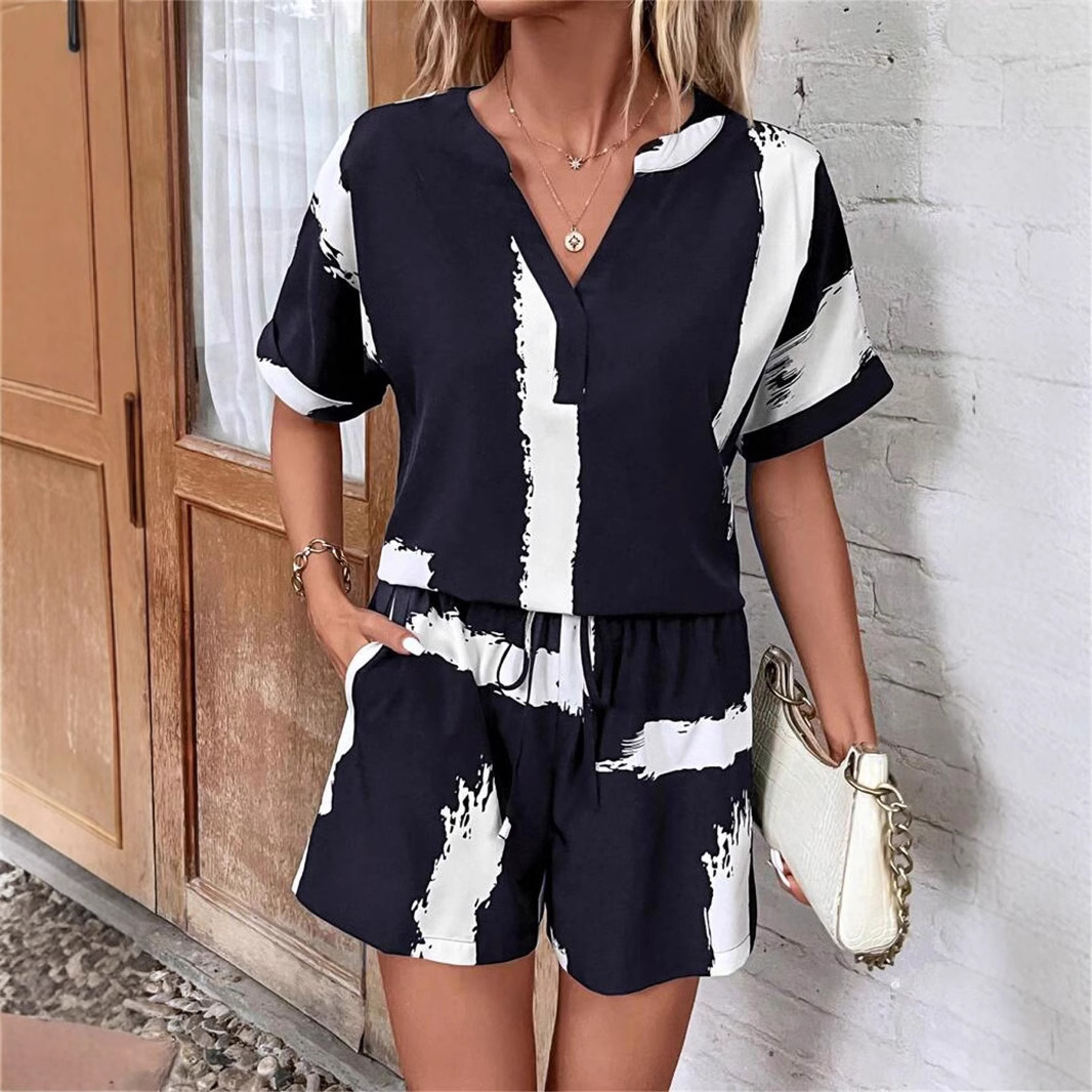 V-Neck Floral Print T-Shirt and Shorts Set
