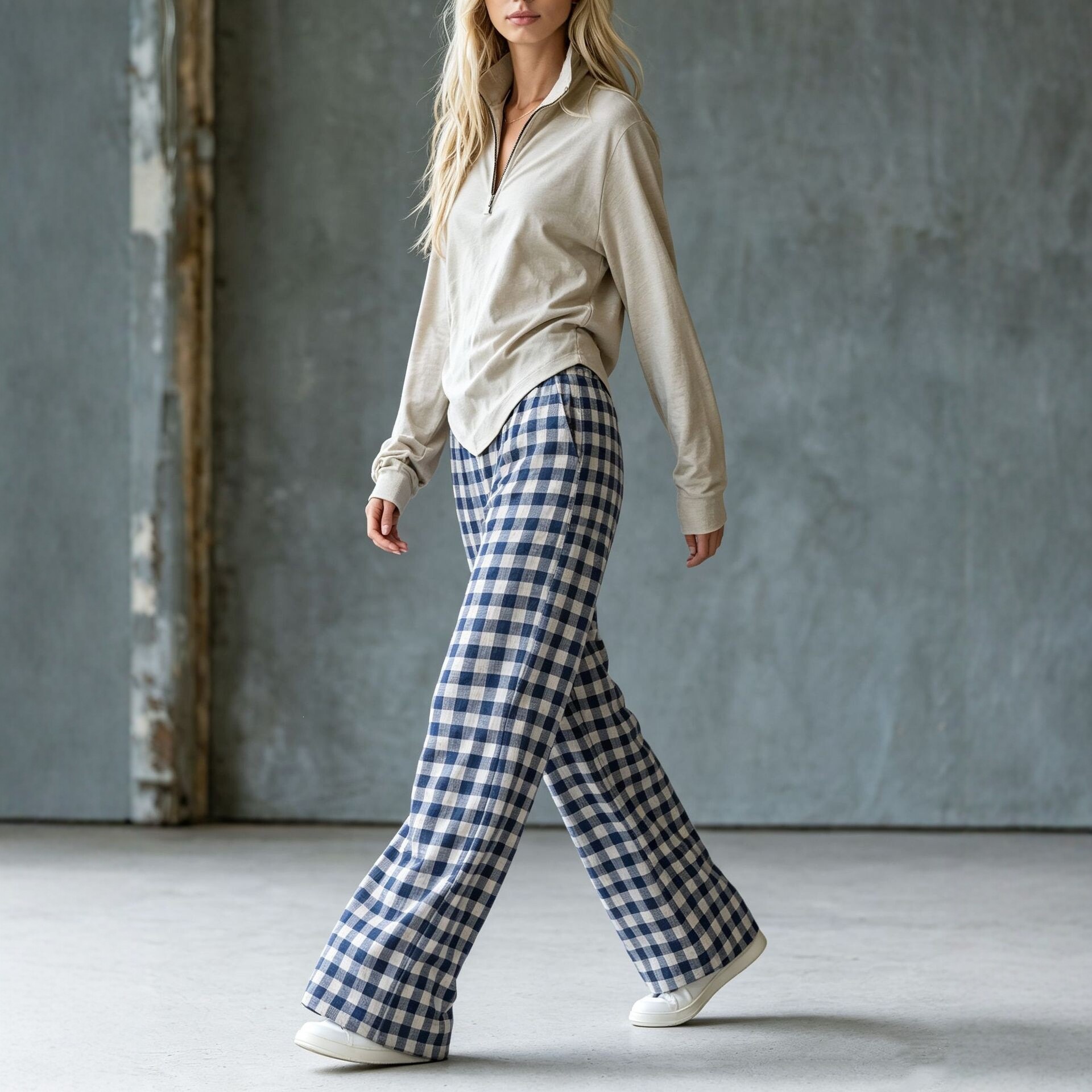 Retro Plaid Wide-Leg Pants and Fitted V-Neck Knit Top Two-Piece Set