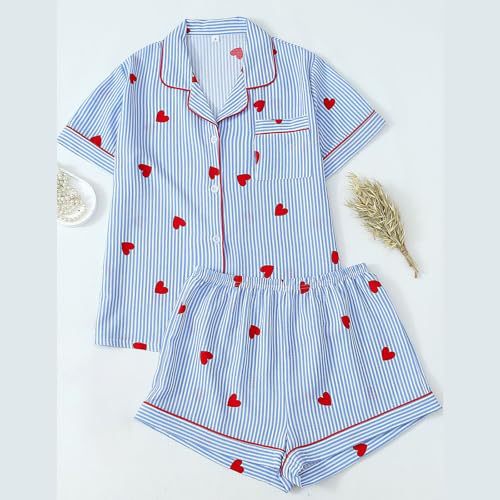 Women's Cuban Collar Polka Dot Heart Print Short Sleeve Shirt Set