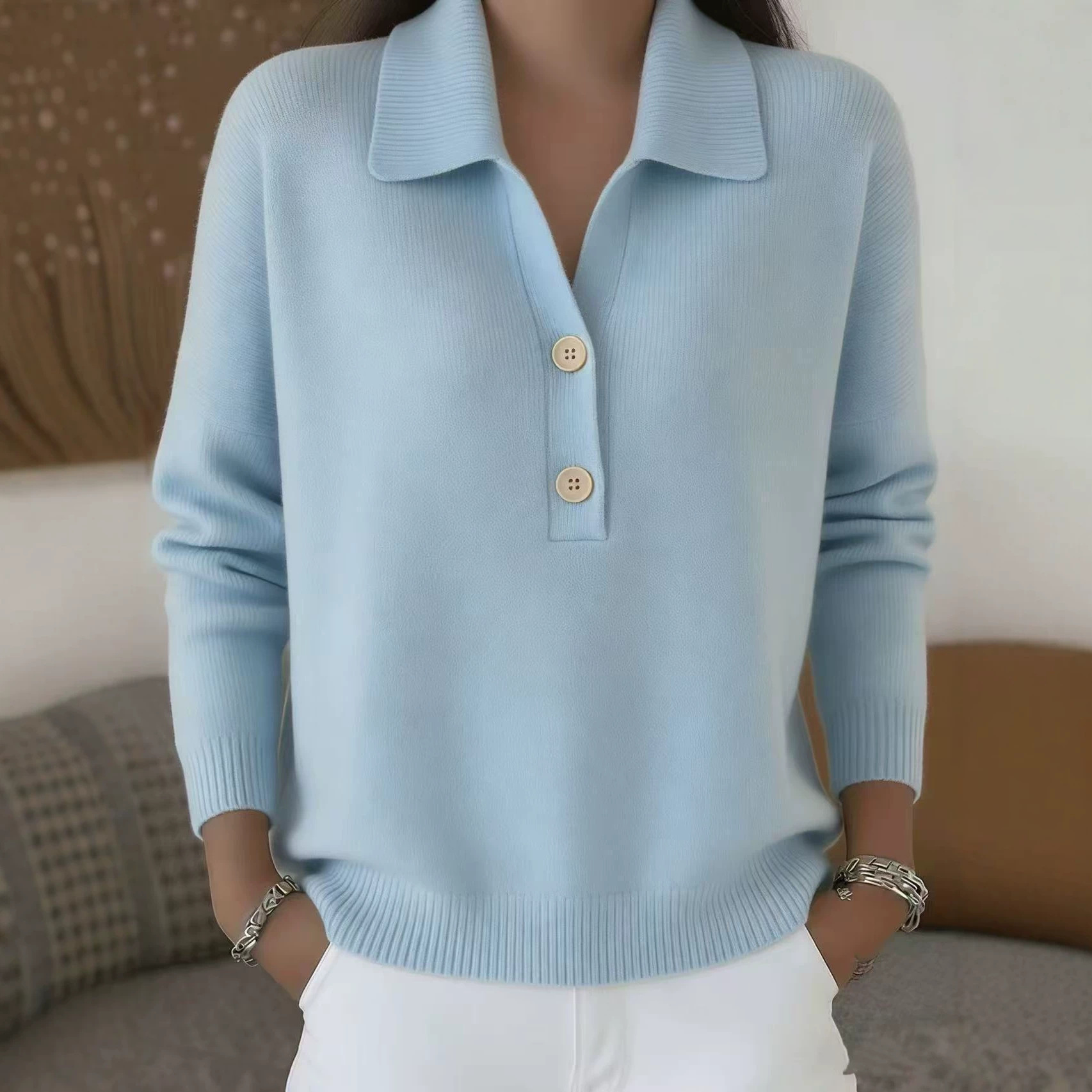 Women's Knit Sweater with Collared Half-Button Placket Loose Fit