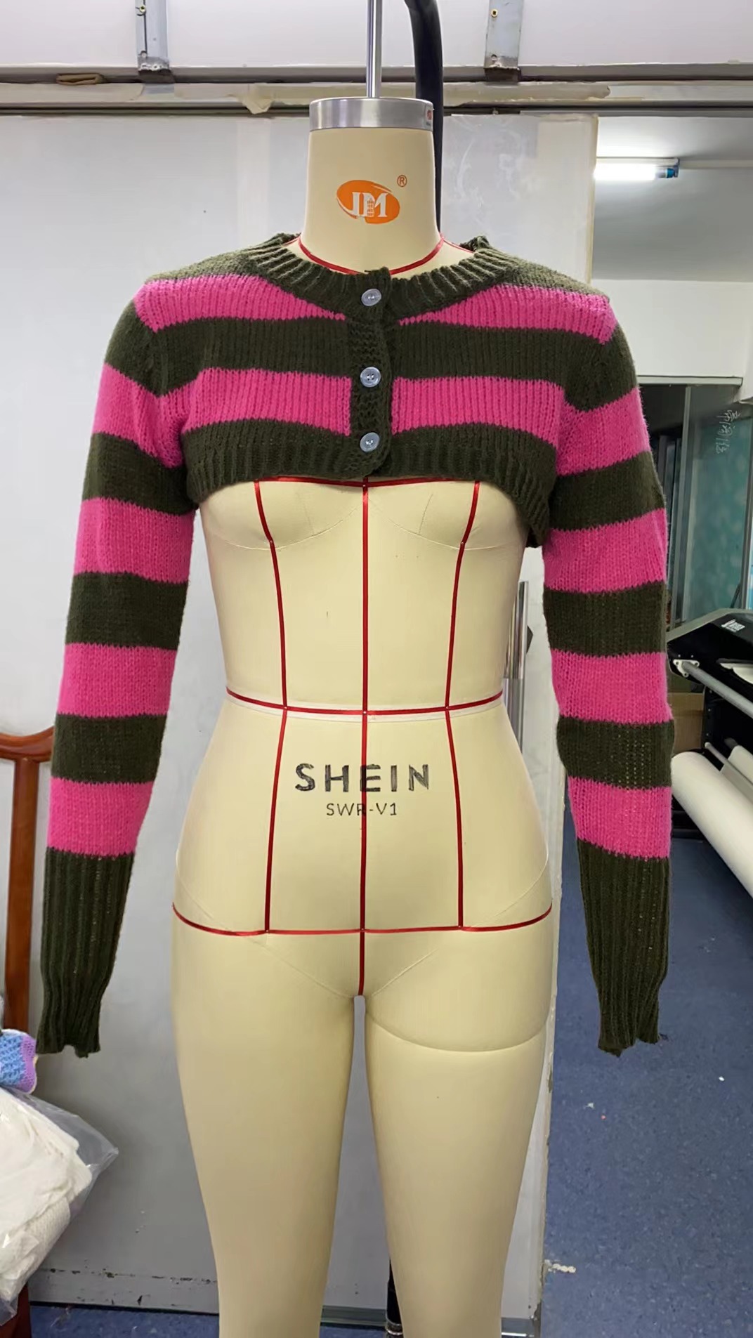 Striped Square Neck Button-Front Crop Top with Long Sleeves