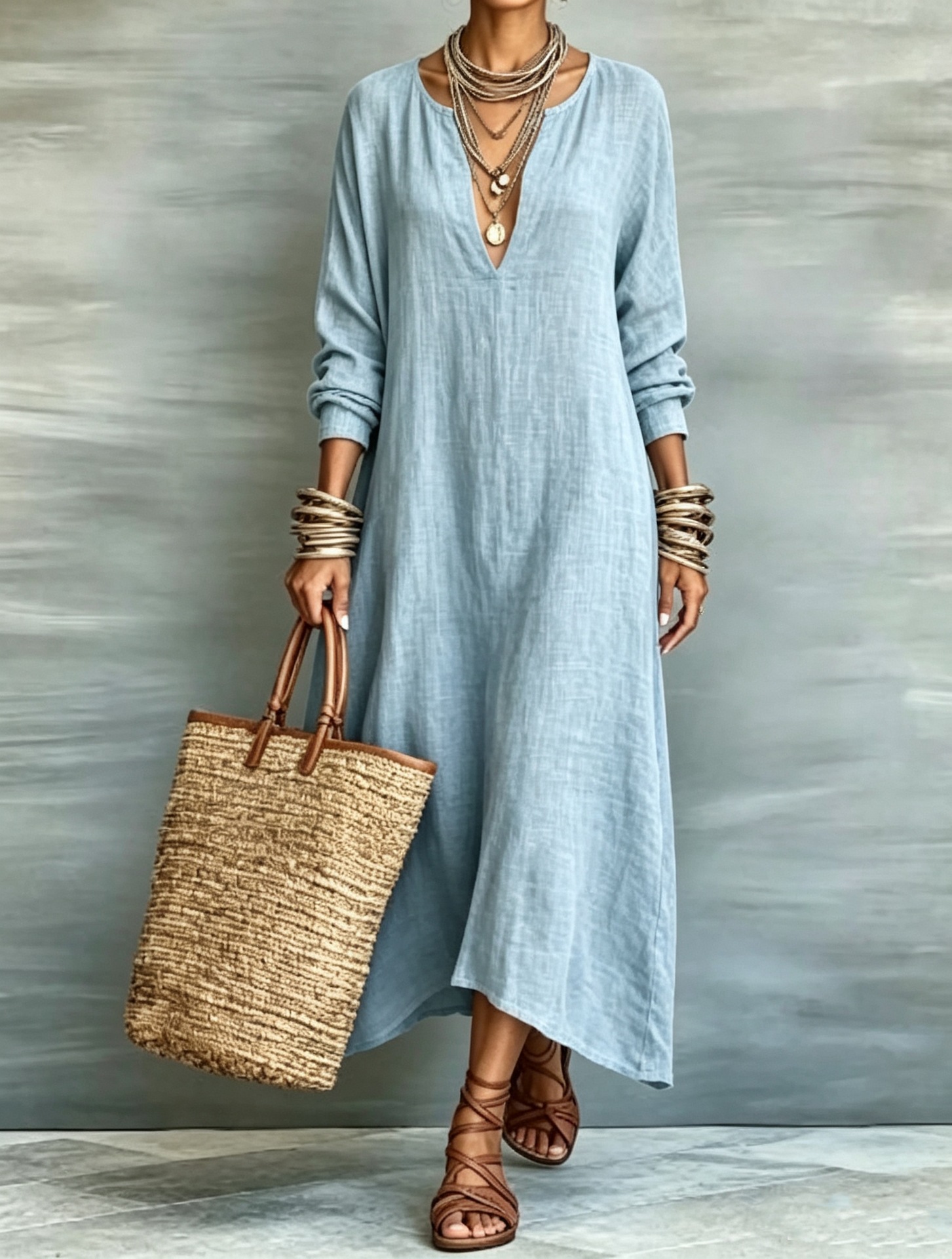 Retro Solid Deep V-Neck Long Sleeve Loose Maxi Dress