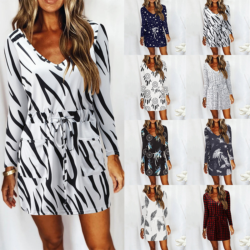 Women's Floral Print V-Neck Long Sleeve Dress with Pockets and Tie