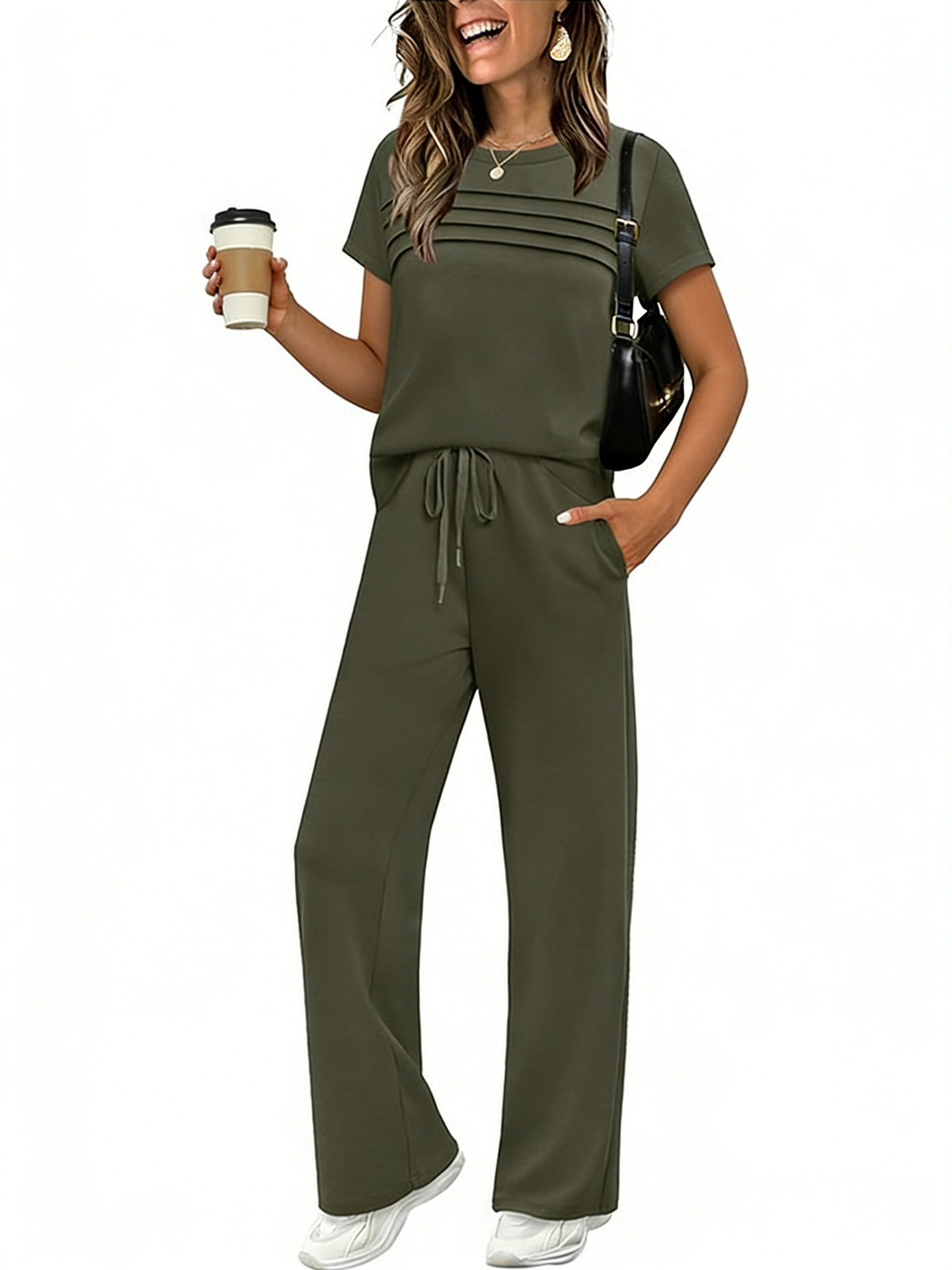 Women's Short Sleeve T-Shirt & Wide Leg Pants Set Casual Solid Color