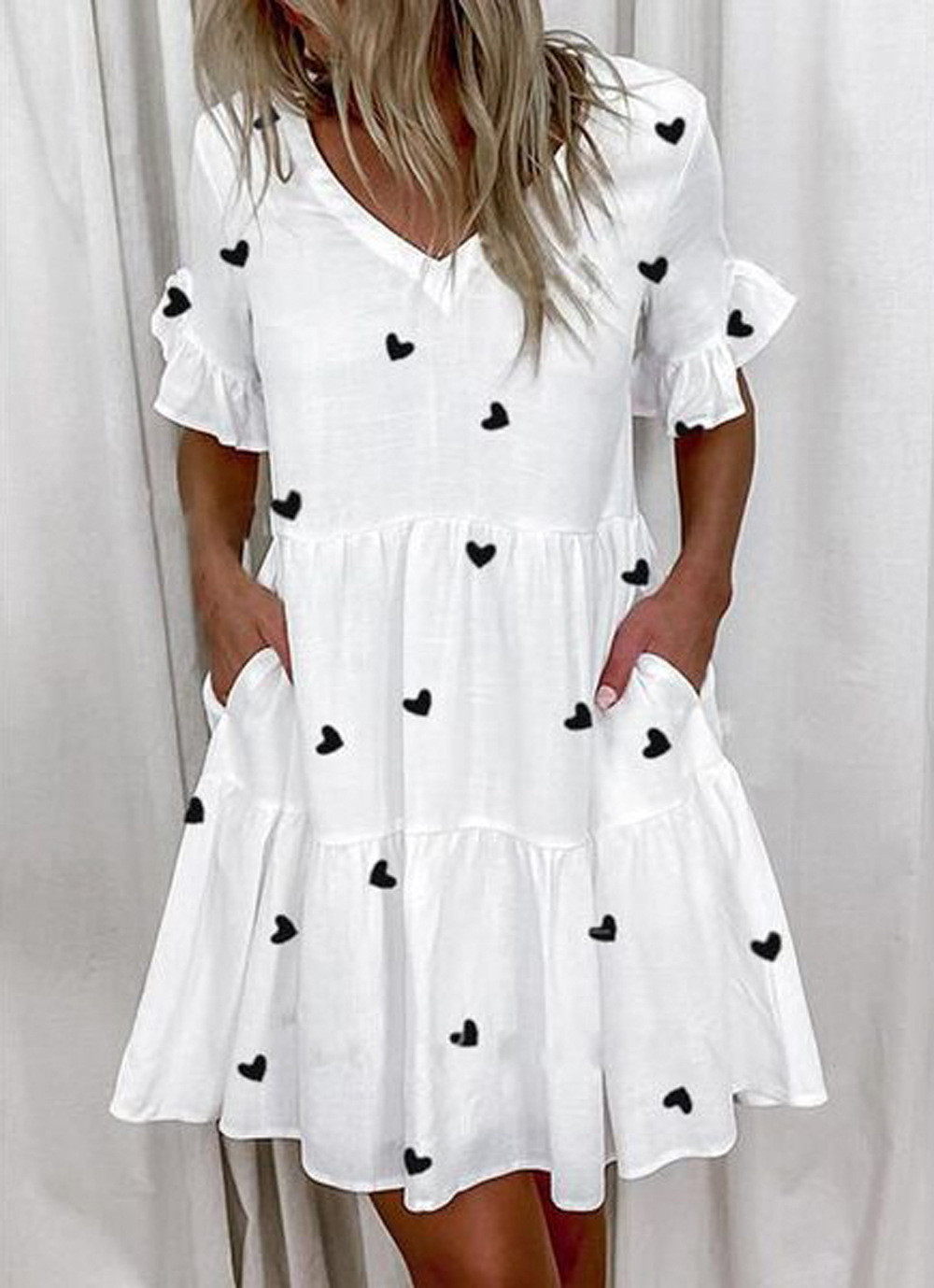 Women's Summer V-Neck Floral Ruffle Pocket Dress