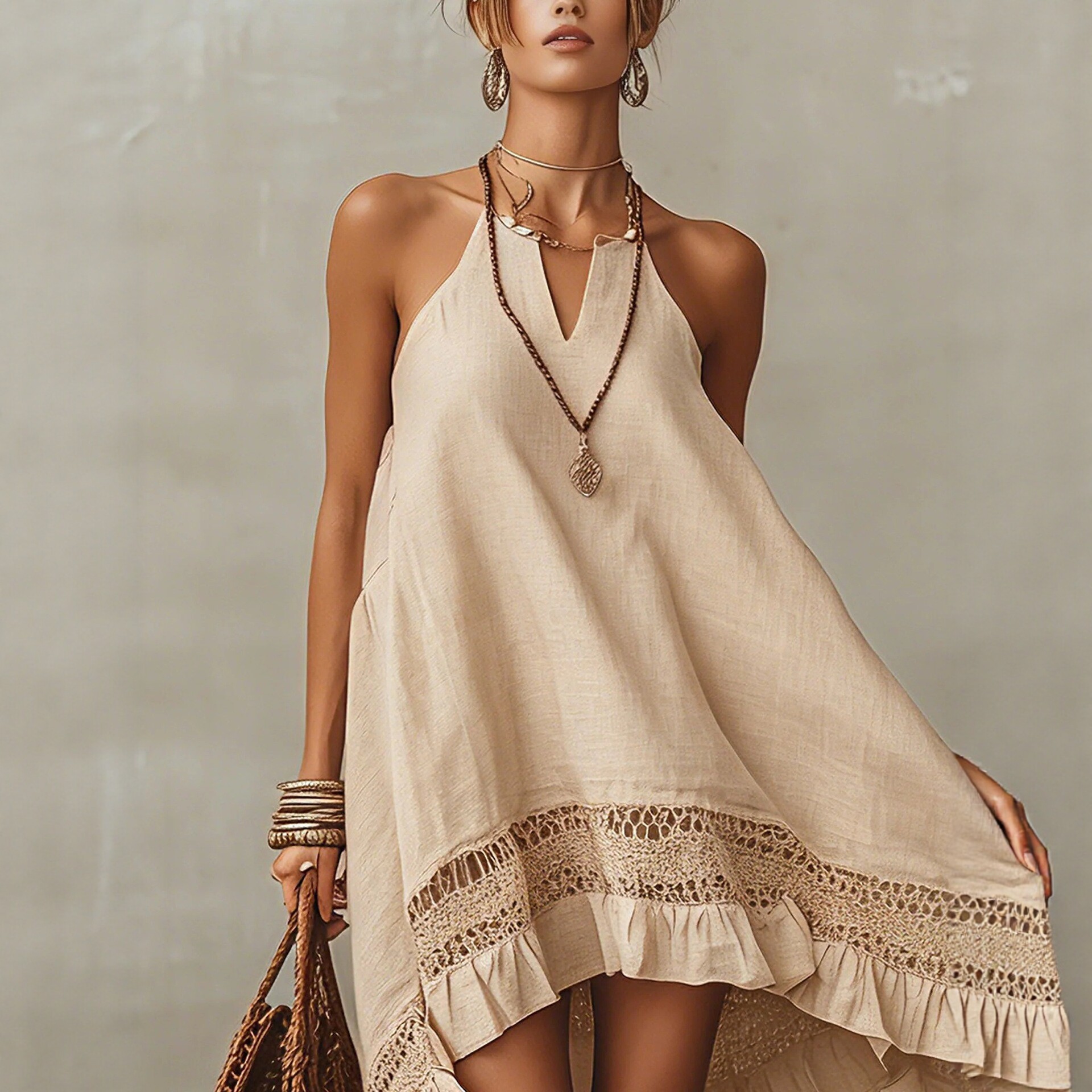 Bohemian Halter V-Neck Lace Crochet Panel Asymmetric Hem Cotton-Linen Mini Dress