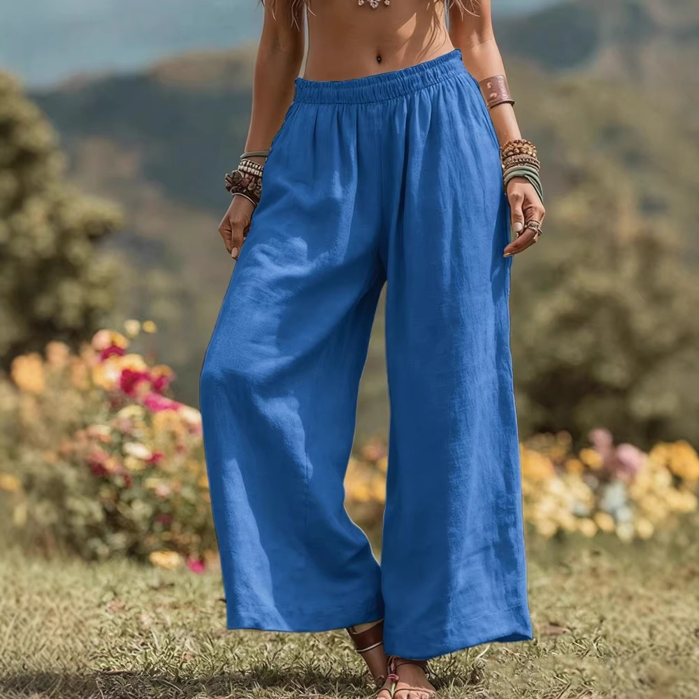 Women's Solid Color Wide-Leg Pants with Side Pockets and Elastic Waist