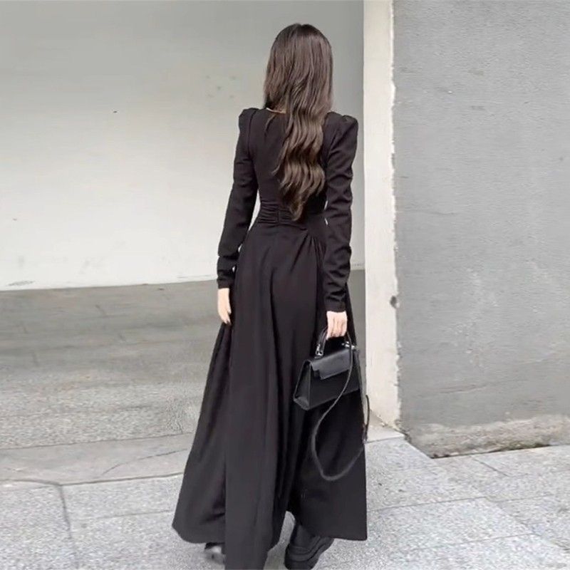 White Long Sleeve A-Line Midi Dress with U-Neck and Cinched Waist