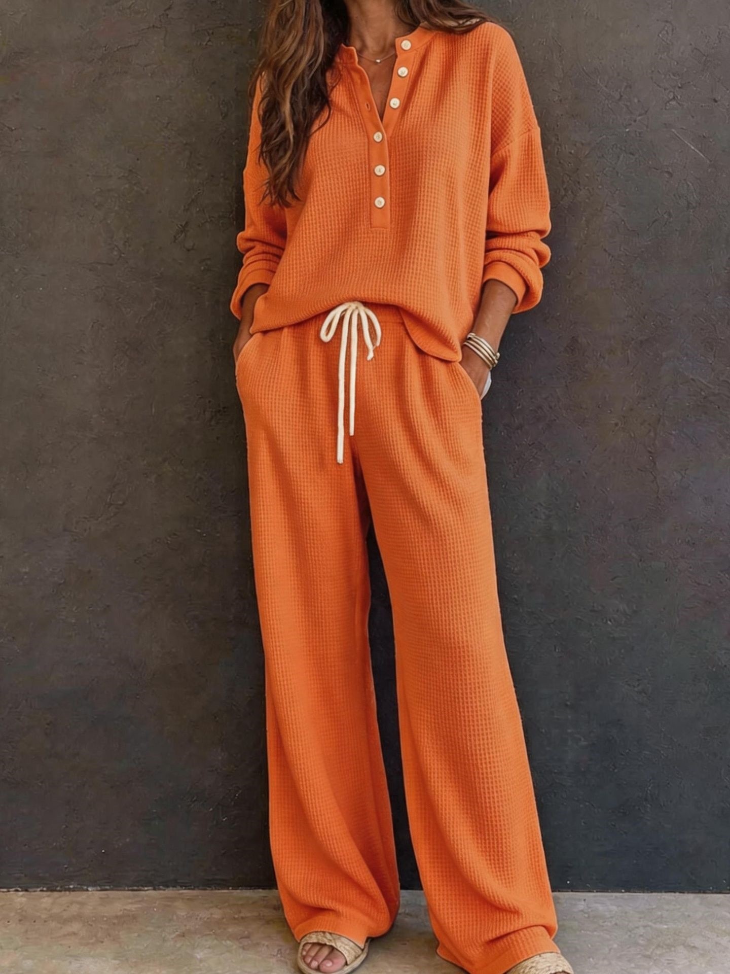 Women's Retro Waffle Knit Long Sleeve Top and Pants Set