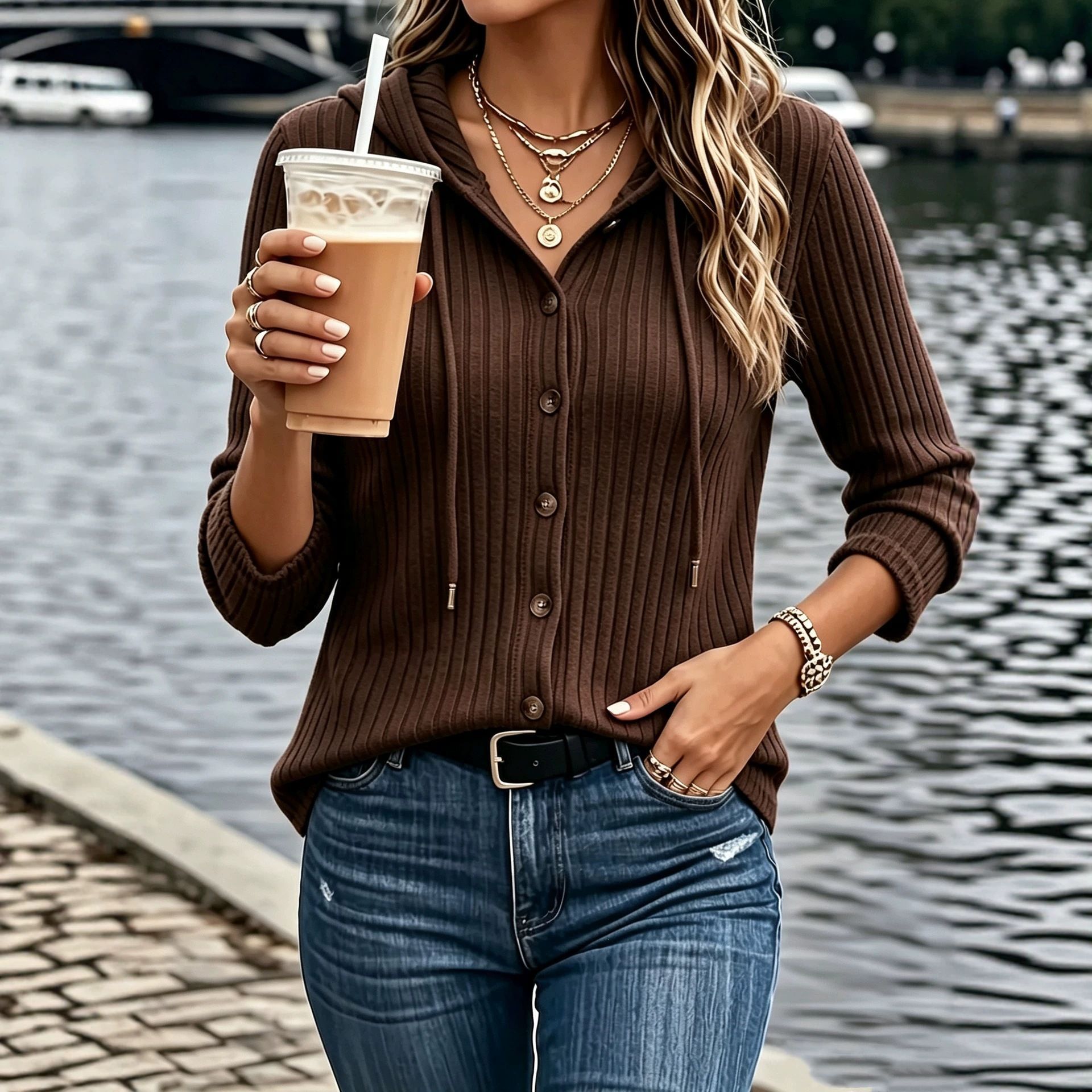 Women's Button-Up Hooded Knit Top Long Sleeve Solid Color