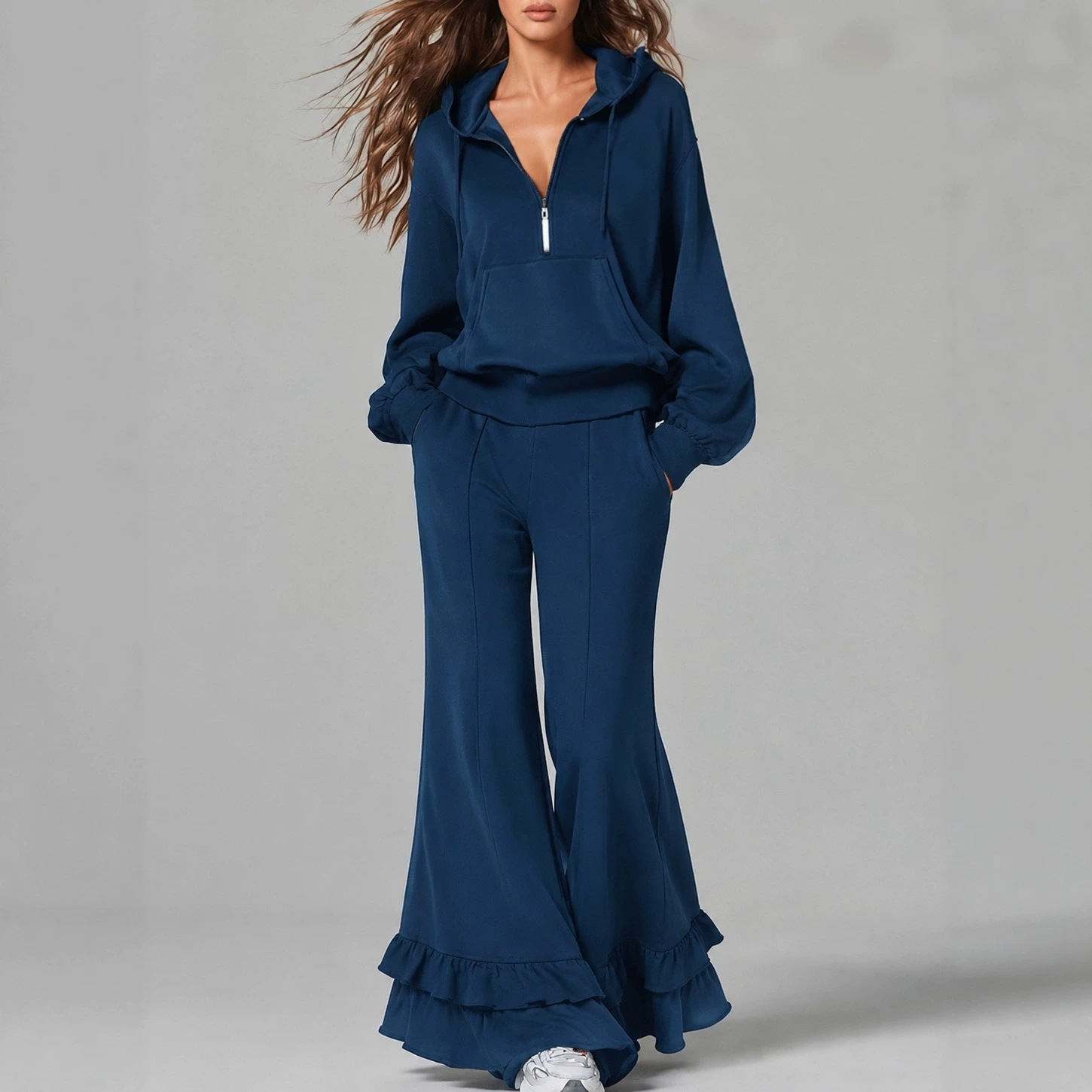 2026 Amazon Bestseller Women's Casual Hooded Half-Zip Sweatshirt Set with Ruffle Flared Pants Two-Piece Set for Women