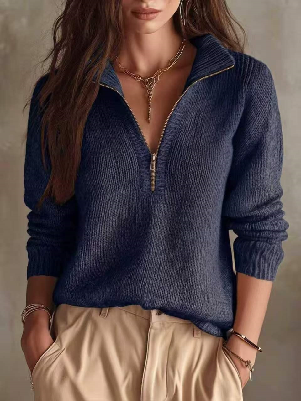 Slim-Fit Half-Zip Knit Pullover Solid Color Casual Top