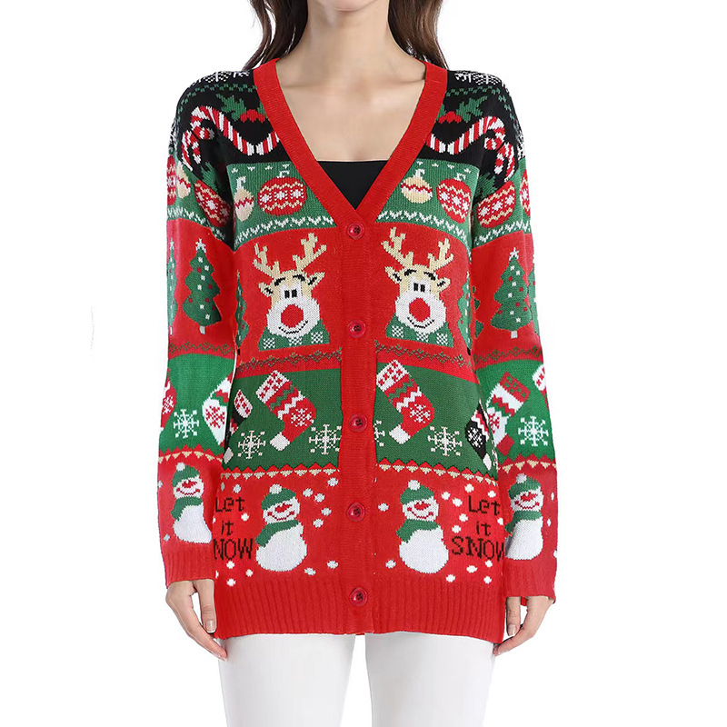 Women's Loose Knit Cardigan Sweater Coat Long Sleeve Christmas Crew Neck
