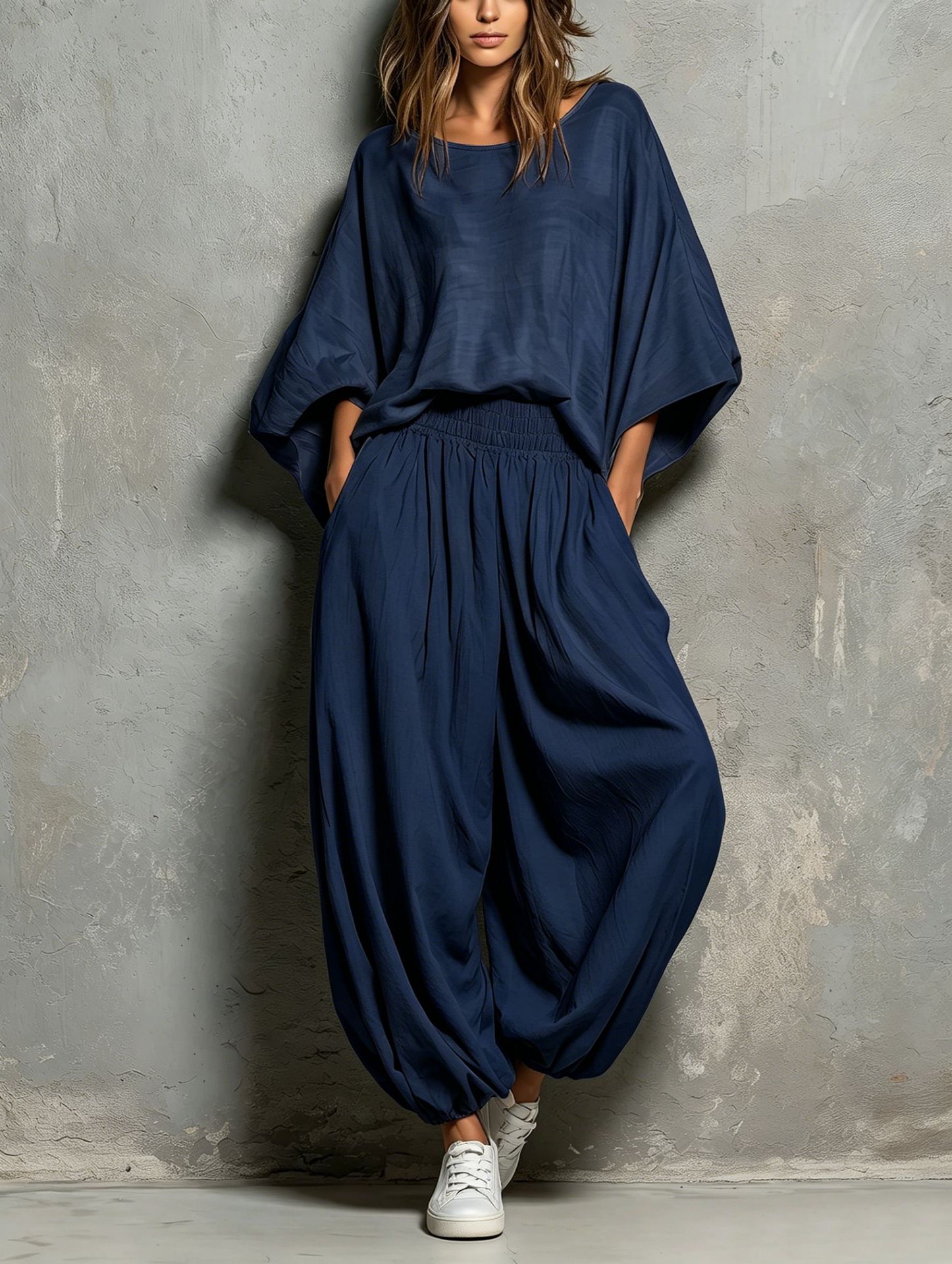 Women's Casual Crewneck Loose Top & Wide-Leg Pants Two-Piece Set