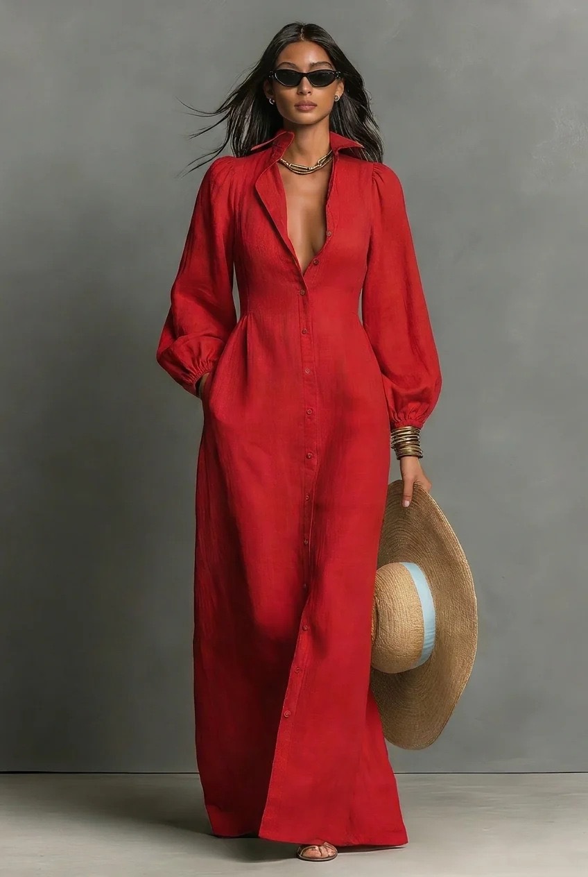 Lantern Sleeve Button-Front Long Shirt Dress Retro Casual