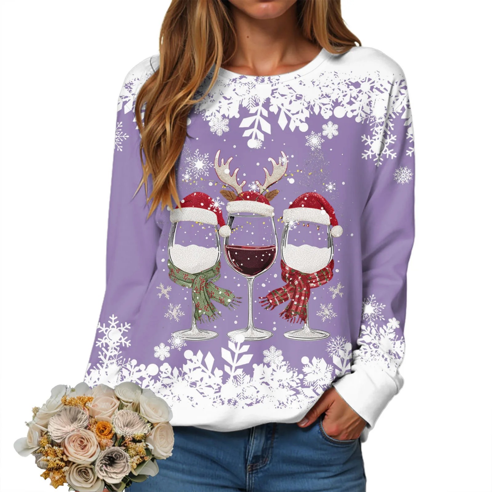 Women's Christmas Hat Wine Glass Snowflake Print Crewneck Sweatshirt