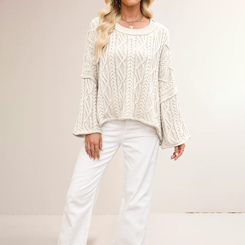 Cable Knit Cropped Sweater Plus Size Loose Crew Neck Pullover