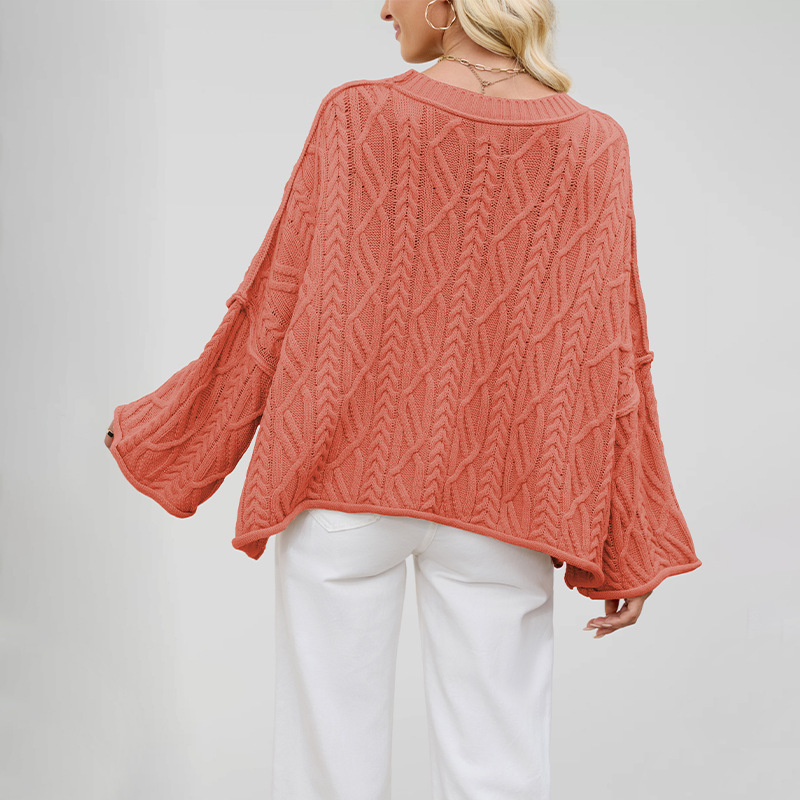 Cable-Knit Crewneck Loose Solid Color Sweater