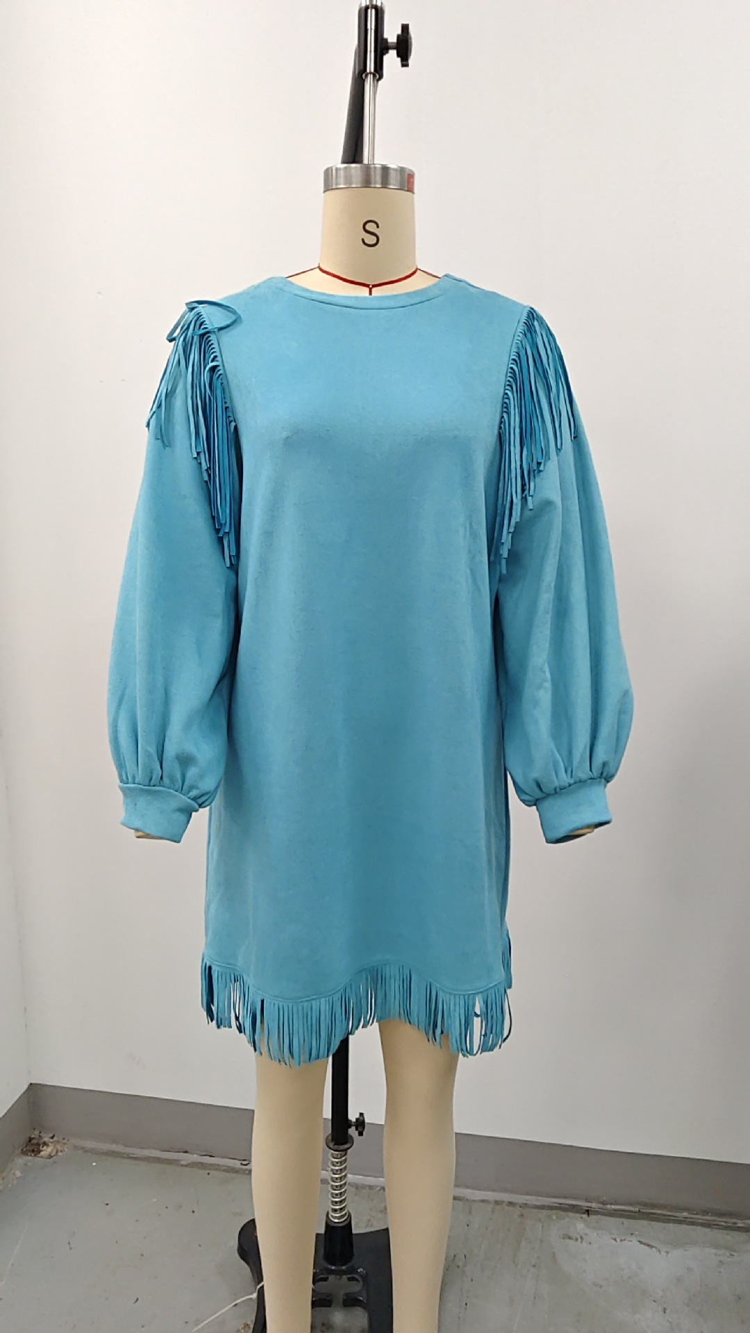 Women's Tassel Lantern Sleeve Short Dress - Loose Fit, Round Neck, Polyester Blend