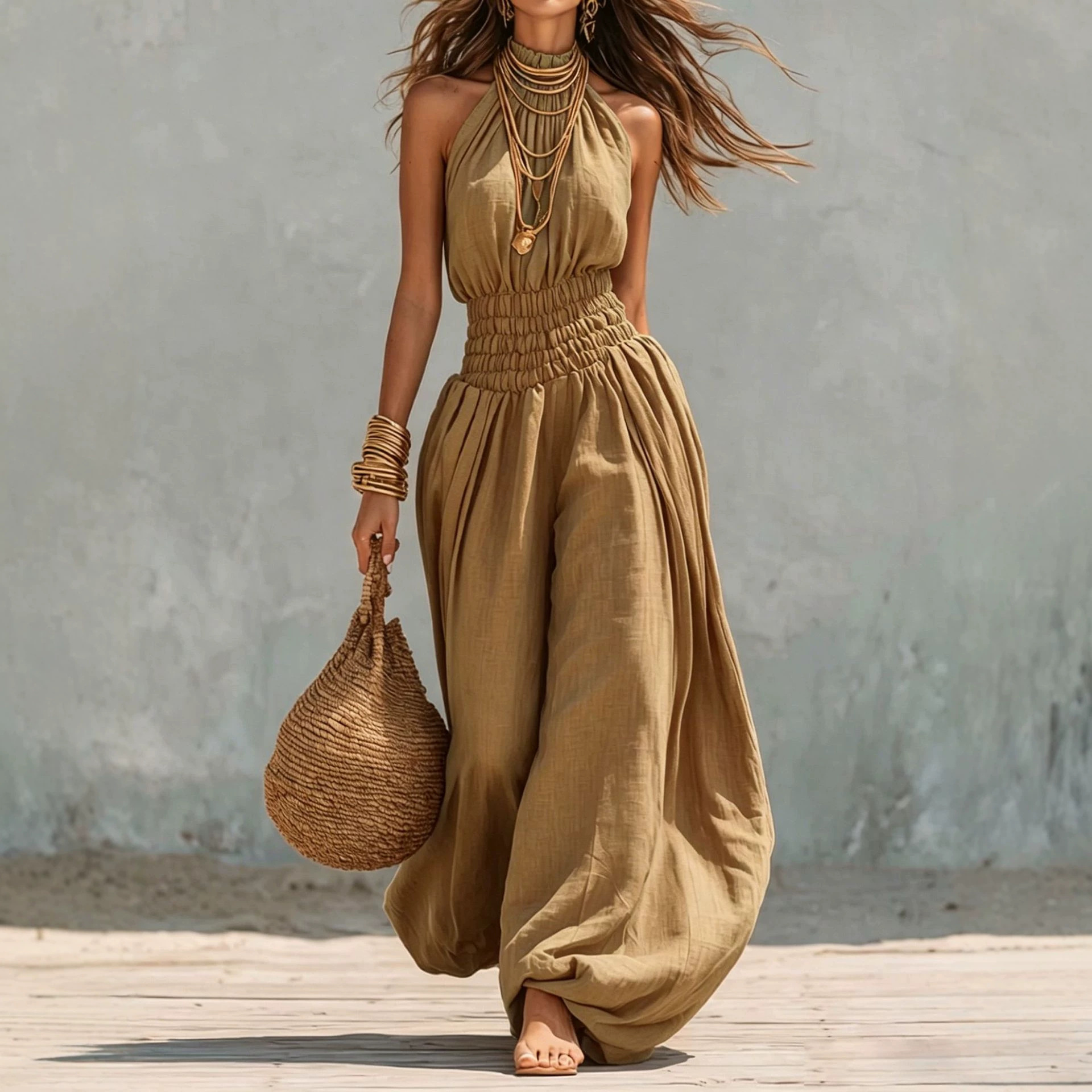 Women's Sleeveless Halter Lantern Jumpsuit Streetwear Solid Color