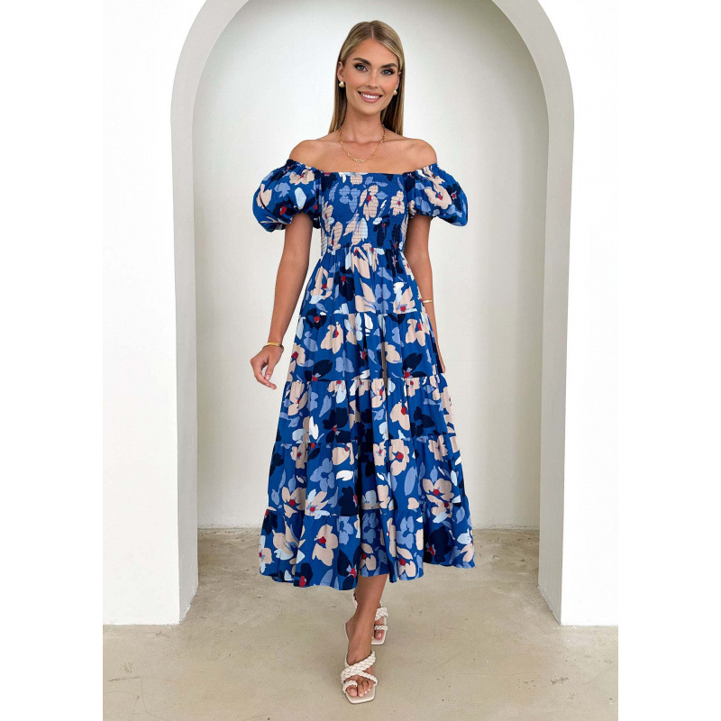 Square Neck Lantern Sleeve High Waist Off-Shoulder Loose Long Dress