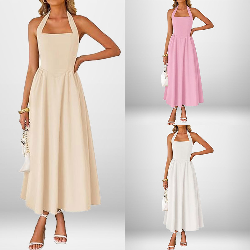 Women's Sleeveless Halter Backless A-Line Midi Dress