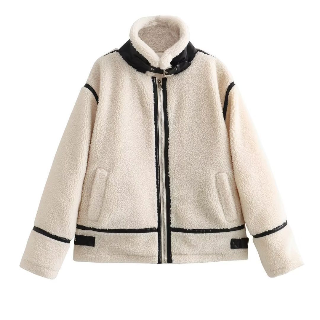 Women's Faux Fur Shearling Jacket Crew Neck Button Front