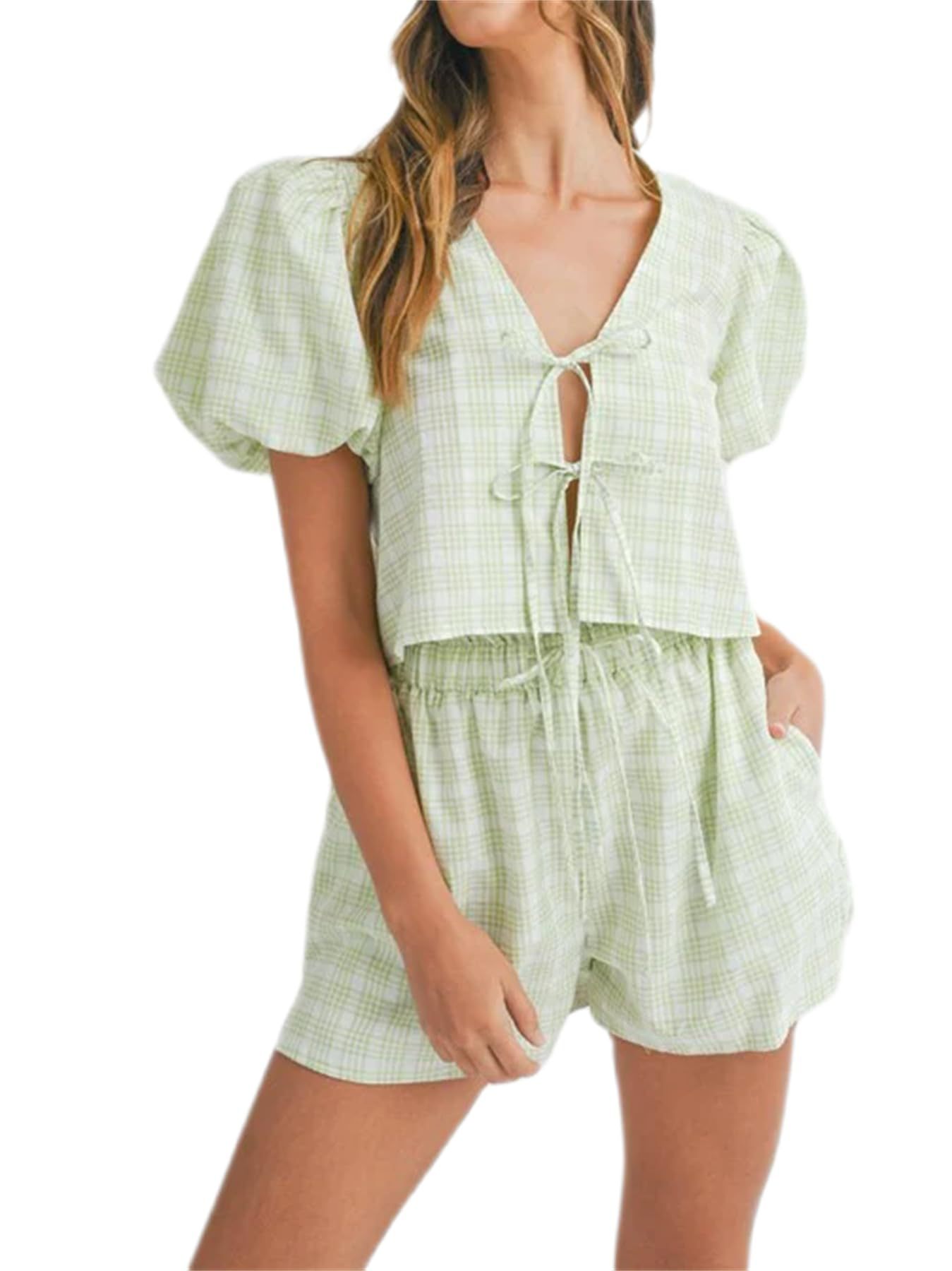Women's V-Neck Tie Bow Puff Sleeve Plaid Two-Piece Set