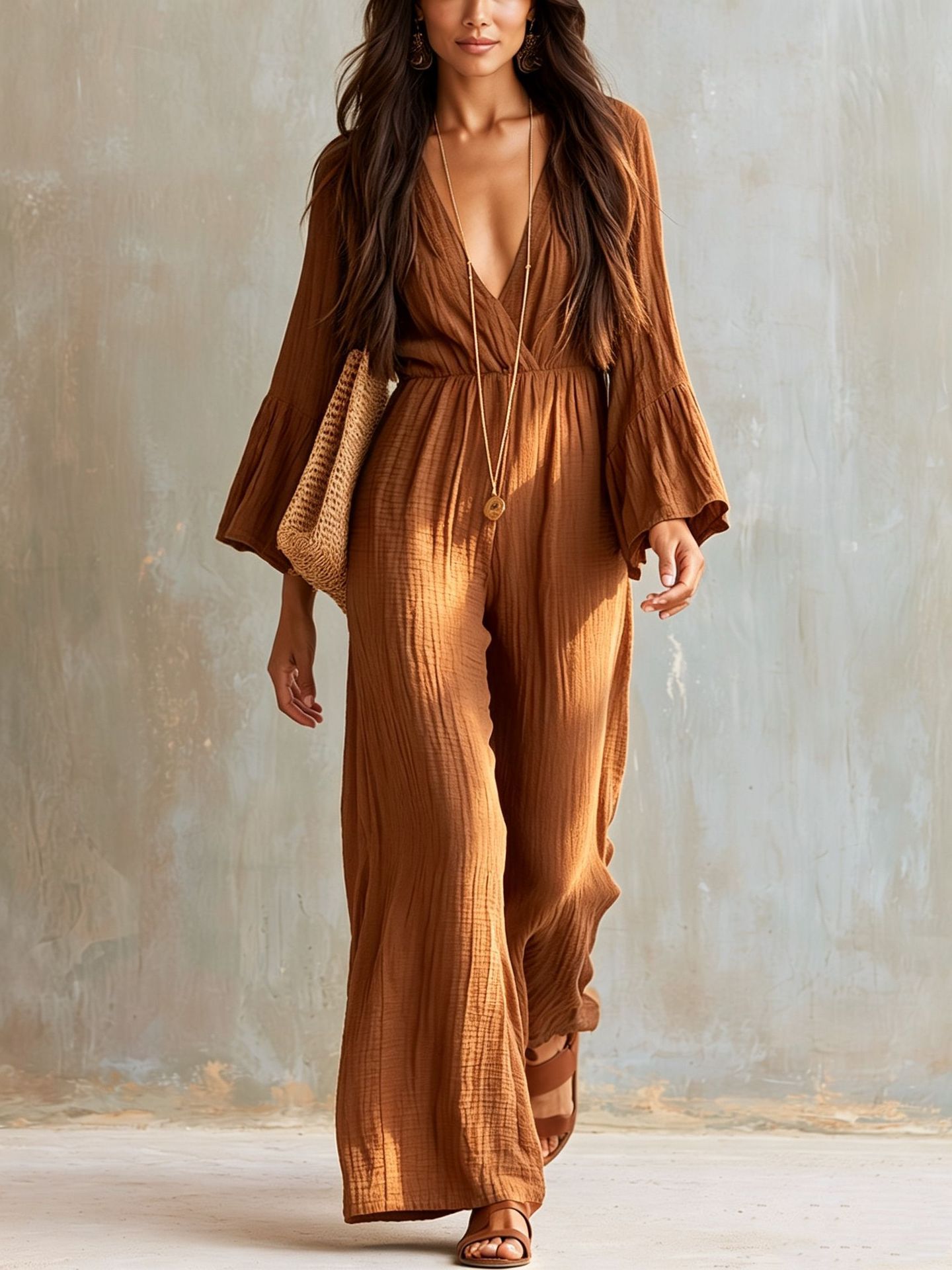 Women's Long Sleeve V-Neck Boho Wide Leg Jumpsuit