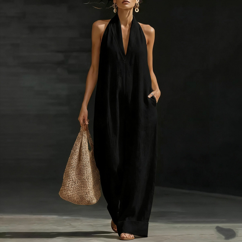 Women's Solid Color Sleeveless V-Neck Halter Jumpsuit